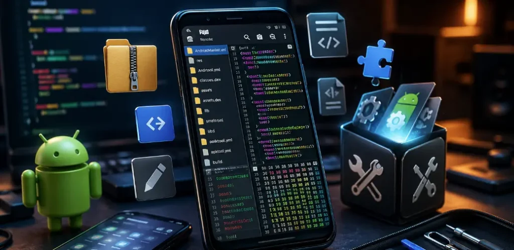 Smartphone with split-screen code editor and Android tools